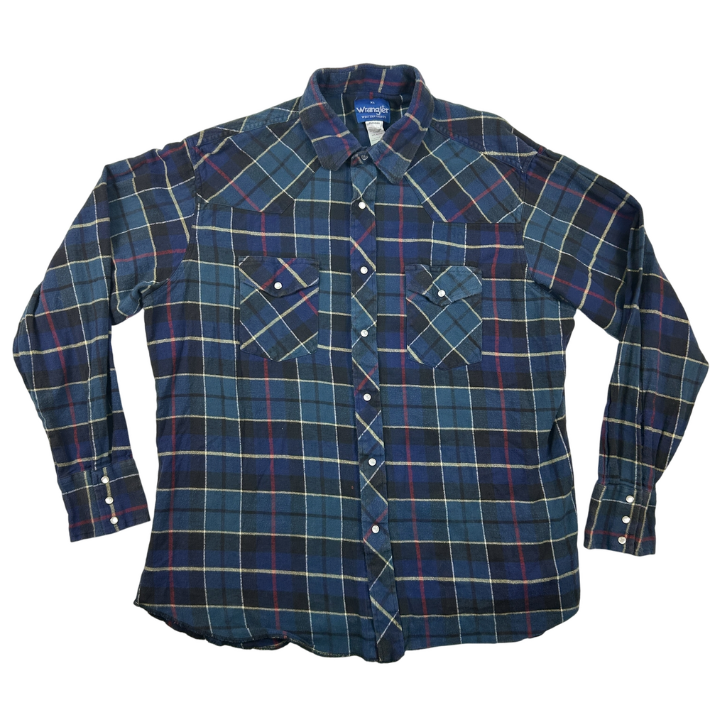 Vintage Wrangler Shirt Mens XL Western Plaid Flannel Pearl Snap 90s Rodeo